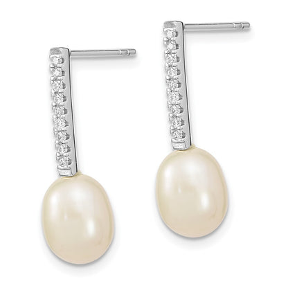 Sterling Silver 8-9mm Rice Cultured Pearl & Cubic Zirconia Post Dangle Earrings