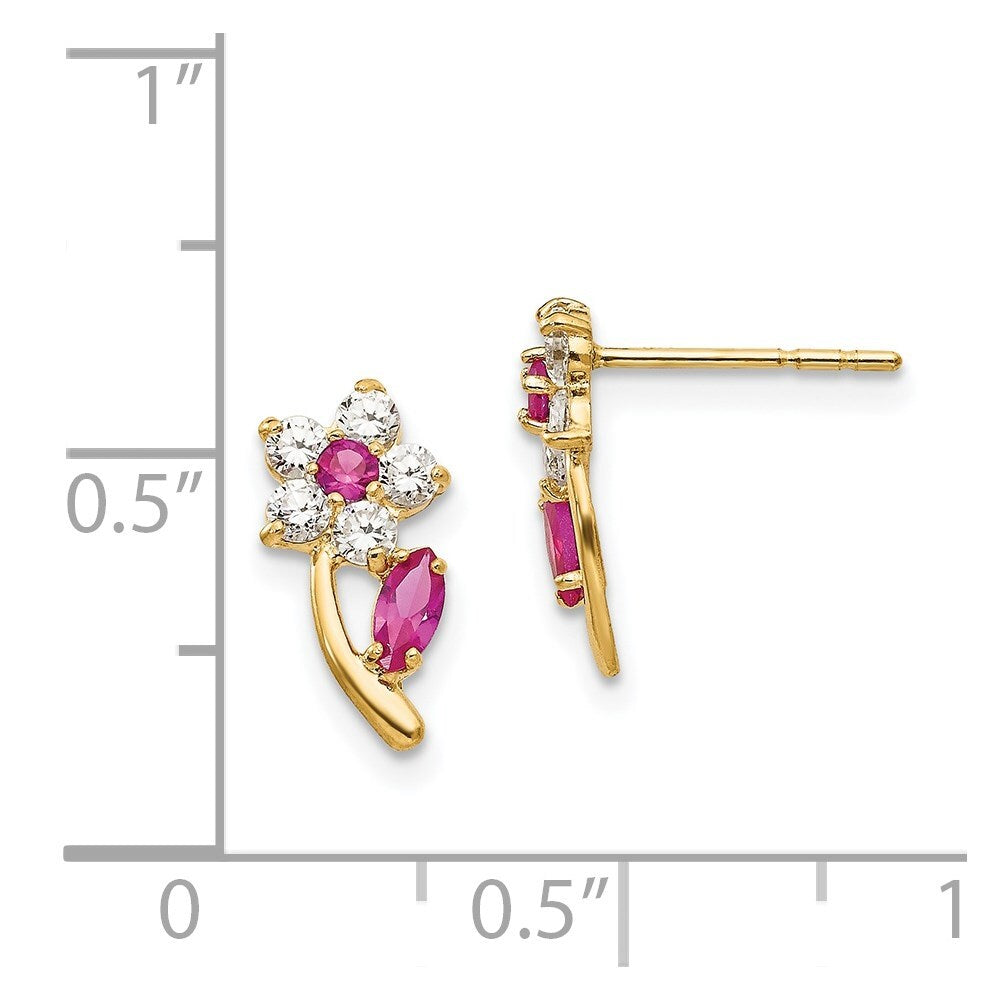 14k Yellow Gold Clear & Red Cubic Zirconia Flower Stud Earrings Gift for Women