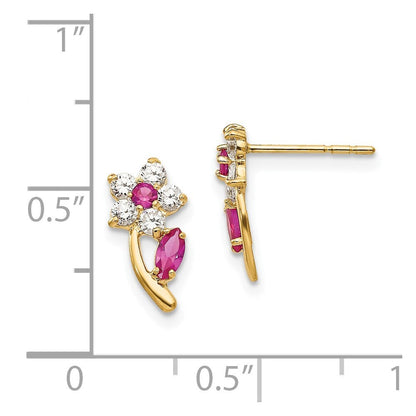 14k Yellow Gold Clear & Red Cubic Zirconia Flower Stud Earrings Gift for Women