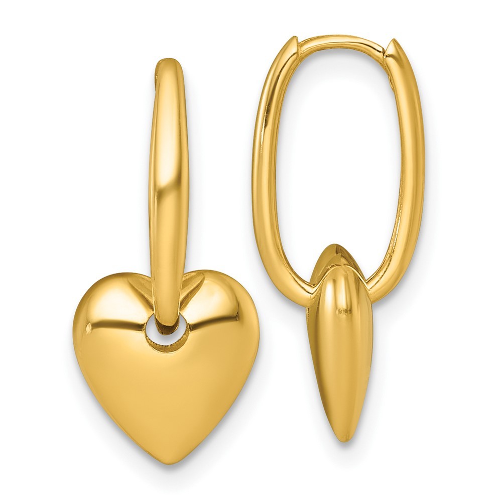14k Yellow Gold Polished Dangle Puffed Heart Hinged Hoop Earrings