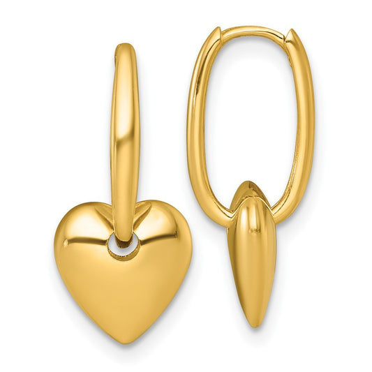 14k Yellow Gold Polished Dangle Puffed Heart Hinged Hoop Earrings