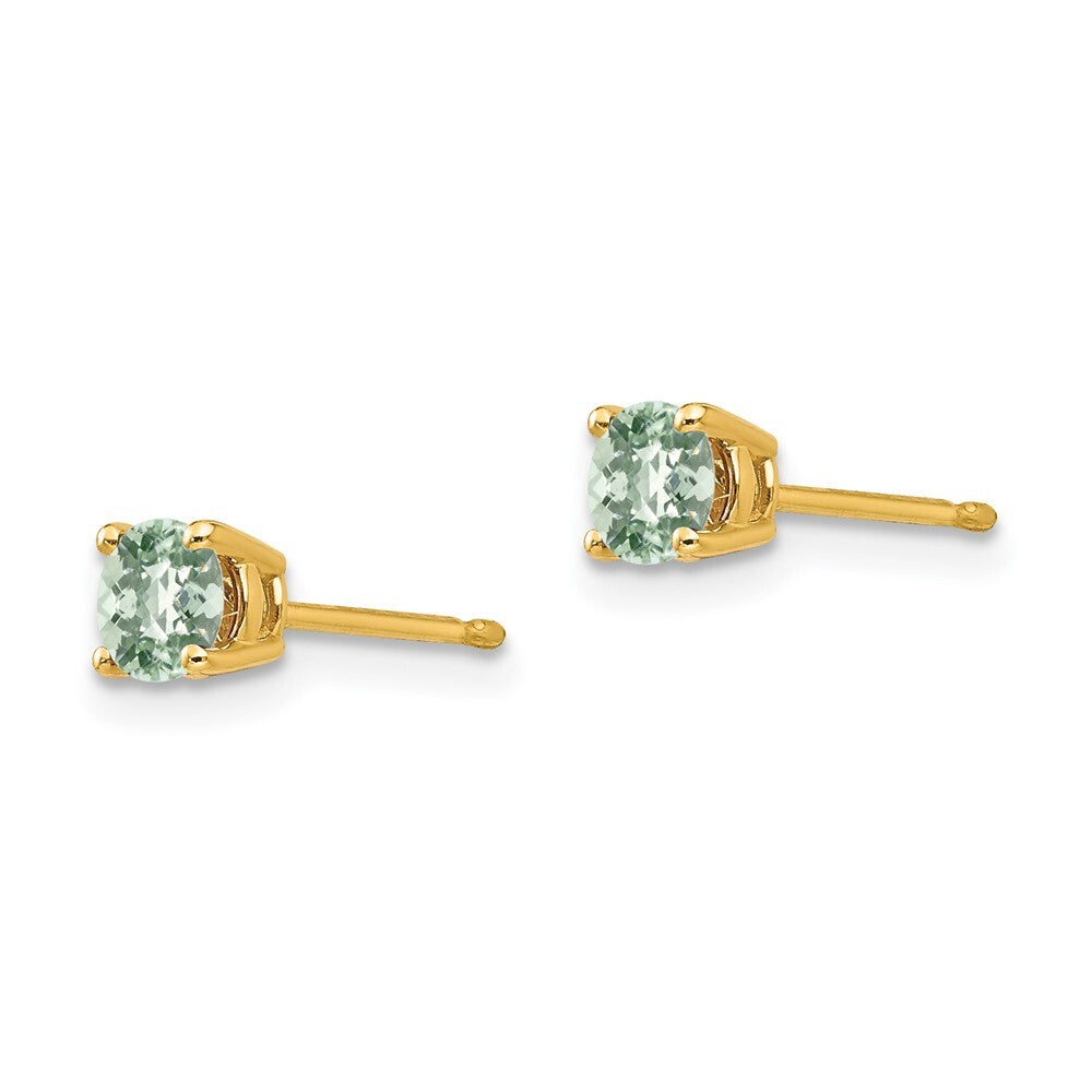 14k Yellow Gold 4mm Round Checker-Cut Green Quartz Stud Earrings Gift for Women