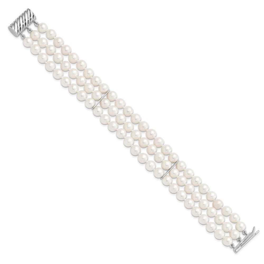 Sterling Silver 6-7mm White Near-Round Cultured Pearl 3-Strand 7.5" Bracelet