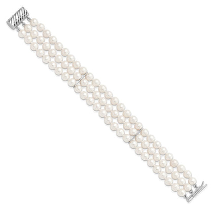 Sterling Silver 6-7mm White Near-Round Cultured Pearl 3-Strand 7.5" Bracelet