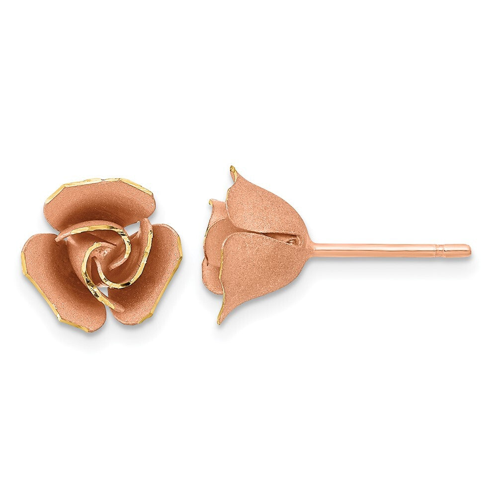 14k Yellow Gold Rose Rhodium Satin Finish Diamond-Cut Rose Stud Earrings
