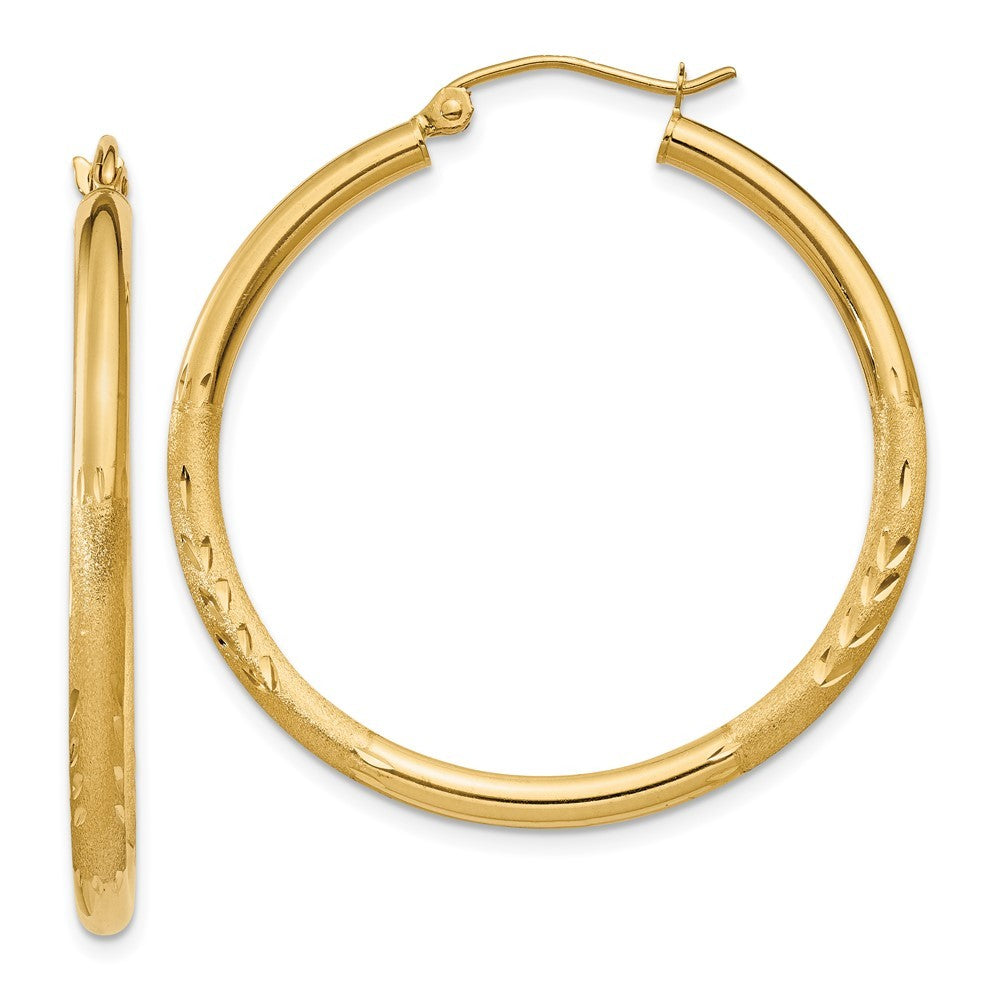 14k Yellow Gold Satin & Diamond-cut 2.5mm Round Hoop Earrings