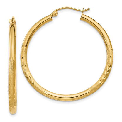 14k Yellow Gold Satin & Diamond-cut 2.5mm Round Hoop Earrings