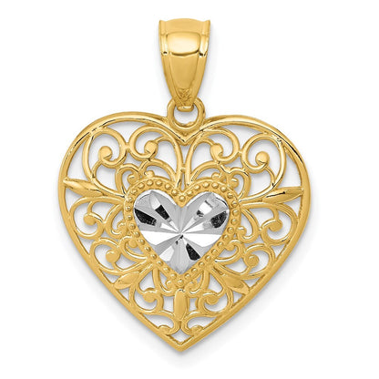 14k Yellow Gold and White Rhodium Polished Diamond-cut Filigree Heart Pendant