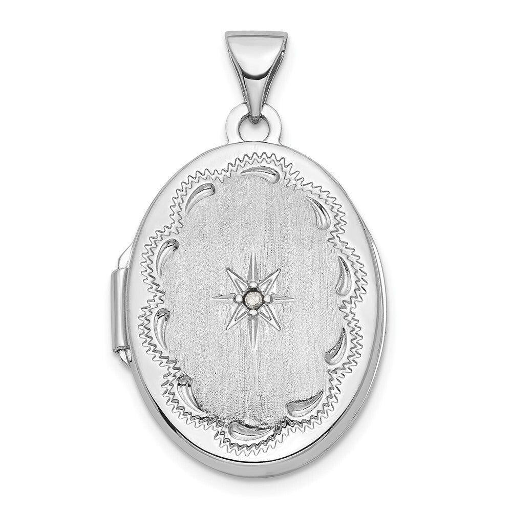 14k White Gold Brushed Diamond Star 21mm Oval Locket Pendant for Women