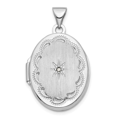 14k White Gold Brushed Diamond Star 21mm Oval Locket Pendant for Women
