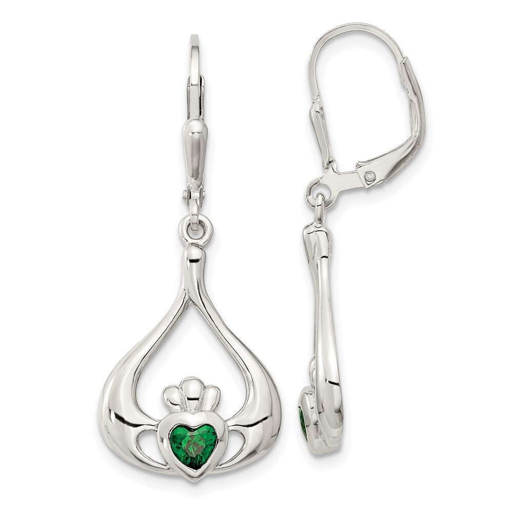 Sterling Silver Cubic Zirconia Heart Leverback Claddagh Dangle Earrings