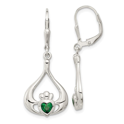 Sterling Silver Cubic Zirconia Heart Leverback Claddagh Dangle Earrings