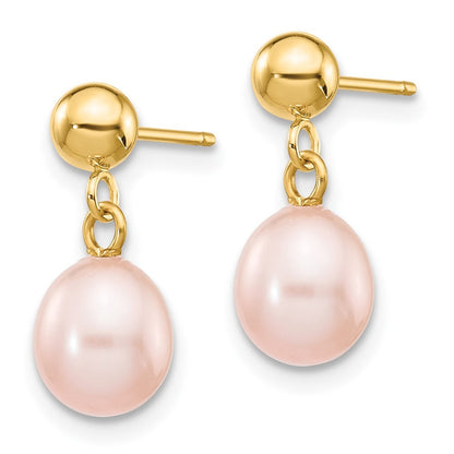 14k Yellow Gold 6-7mm Pink Rice Freshwater Cultured Pearl Dangle Earrings