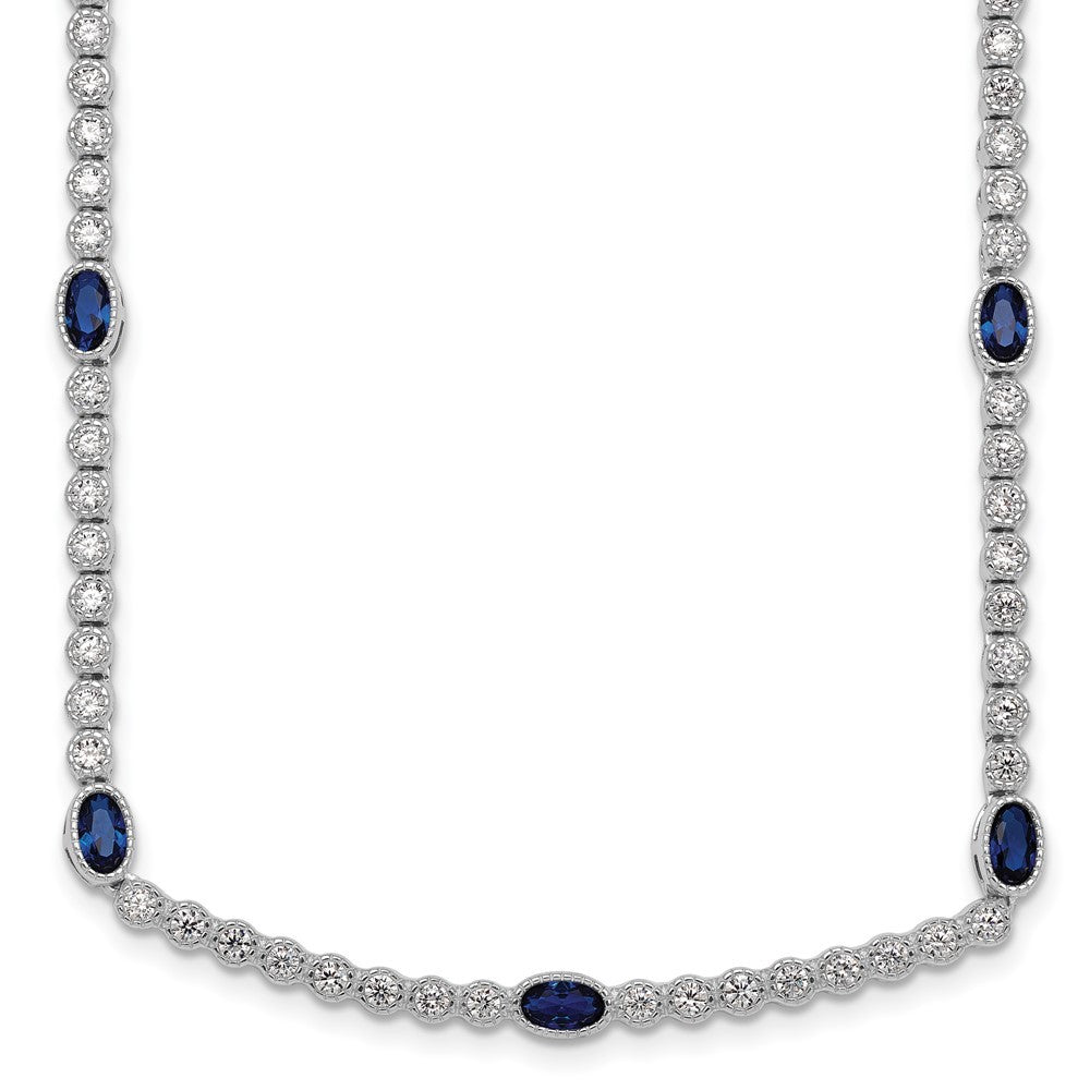 Sterling Silver and Beaded Fancy Oval Blue and Round White CZ 17" Necklace