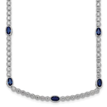 Sterling Silver and Beaded Fancy Oval Blue and Round White CZ 17" Necklace
