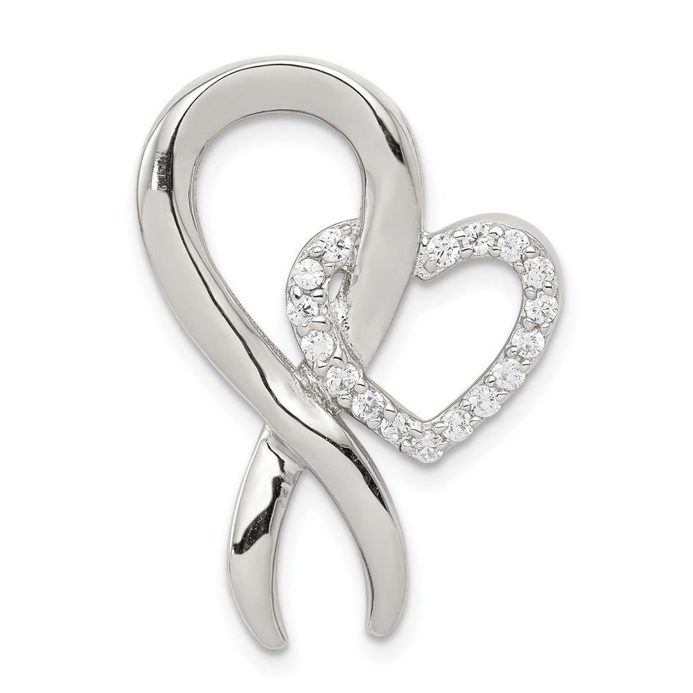 Sterling Silver Cubic Zirconia Heart Breast Cancer Ribbon Chain Slide