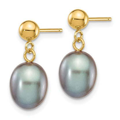 14k Yellow Gold 7-8mm Grey Rice Freshwater Cultured Pearl Dangle Earrings