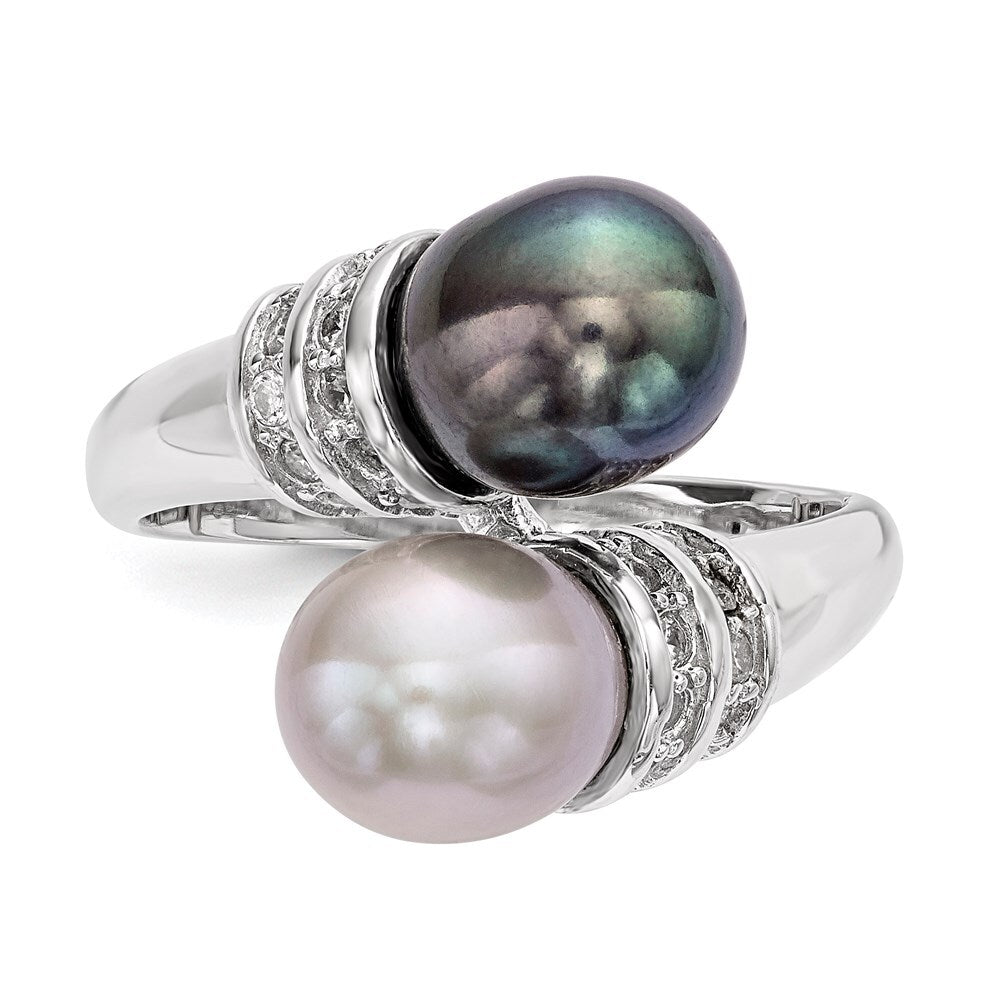 Sterling Silver 7-8mm Black and Grey Rice Freshwater Cultured Pearl and CZ Ring