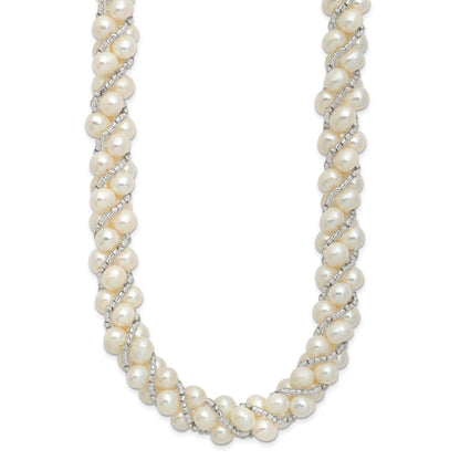 Sterling Silver 6-7mm White Pearl and Glass Beaded Twisted Necklace 18"