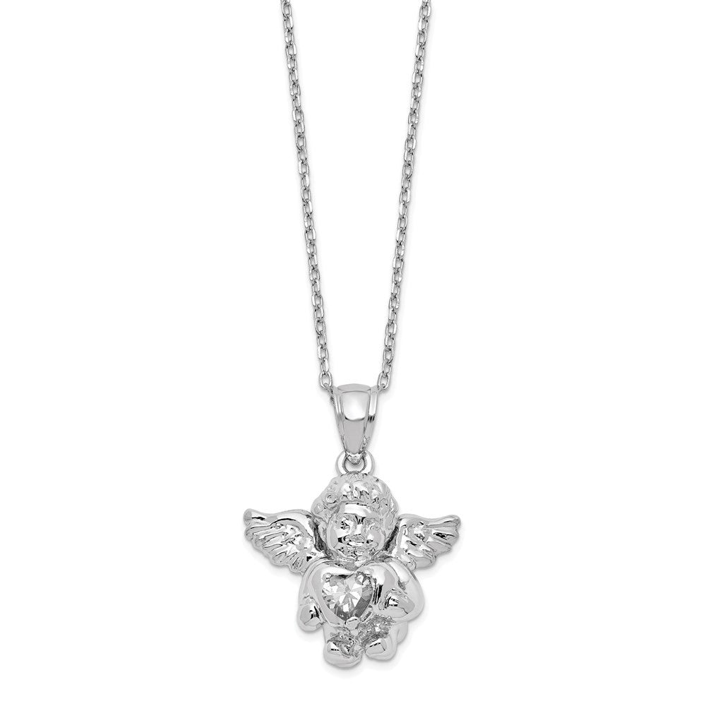Sterling Silver RH-pltd CZ April Birthstone Angel Ash Holder 18in Necklace