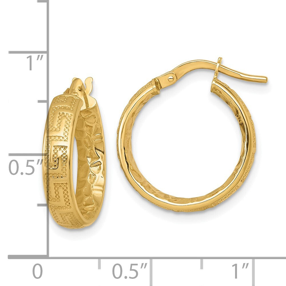 14k Yellow Gold Polished Textured Greek Key Inside Hinged Hoop Earrings