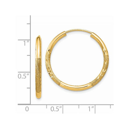 14k Yellow Gold 2mm Satin Diamond-cut Endless Hoop Earrings