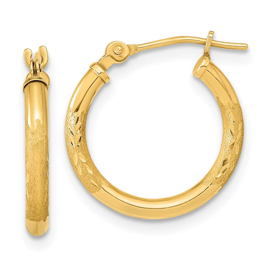 14k Yellow Gold Polished and Satin Diamond-cut Hoop Earrings Gift for Women
