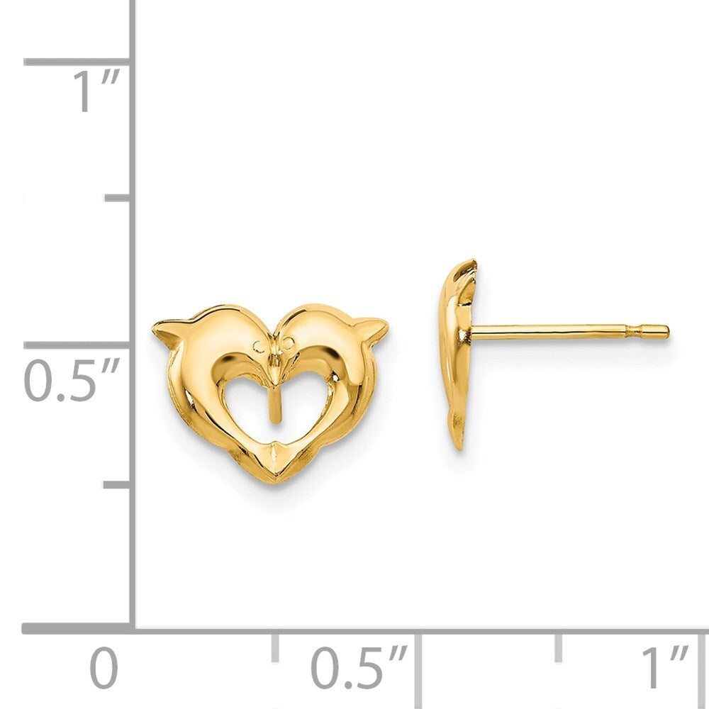 14k Yellow Gold Heart Dolphins Stud Earrings Gift for Women