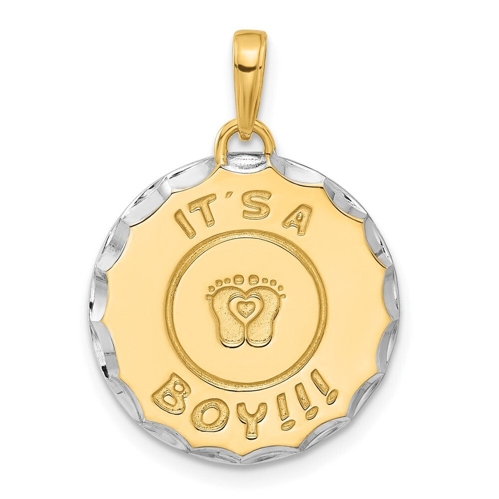 14k Yellow Gold and White Rhodium Diamond-Cut It's A Boy Pendant for Women