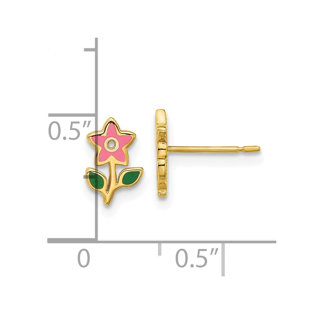 14k Yellow Gold Polished Enameled Flower Stud Earrings Gift for Women