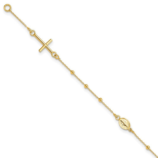 14k Yellow Gold Polished Cross and Miraculous Medal Beaded 7.5" Rosary Bracelet