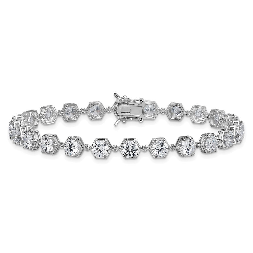 Sterling Silver Rhodium-plated Polished Round CZ in Hexagon Setting 8" Bracelet