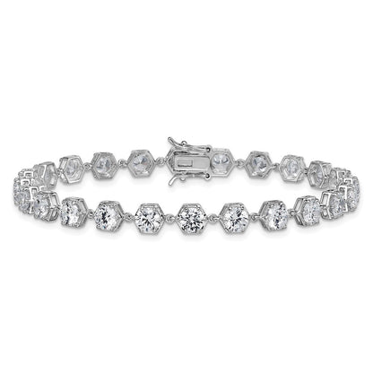 Sterling Silver Rhodium-plated Polished Round CZ in Hexagon Setting 8" Bracelet