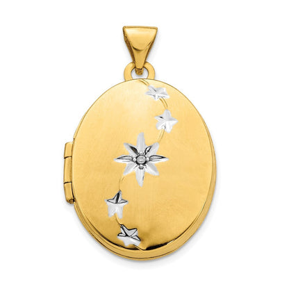 14k Yellow Gold White Rhodium Brushed/Polished Diamond Stars Oval Locket Pendant