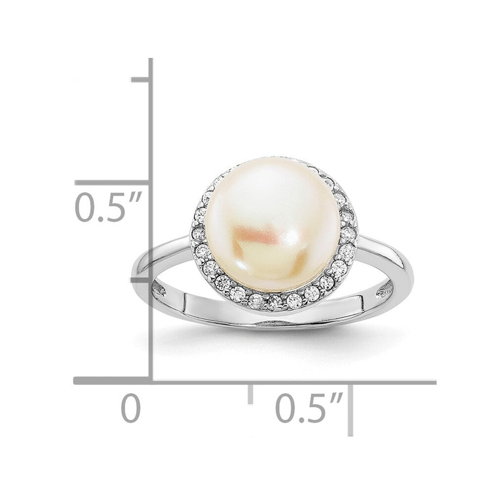 Sterling Silver 9-10mm Button White Freshwater Cultured Pearl and CZ Ring Size 8