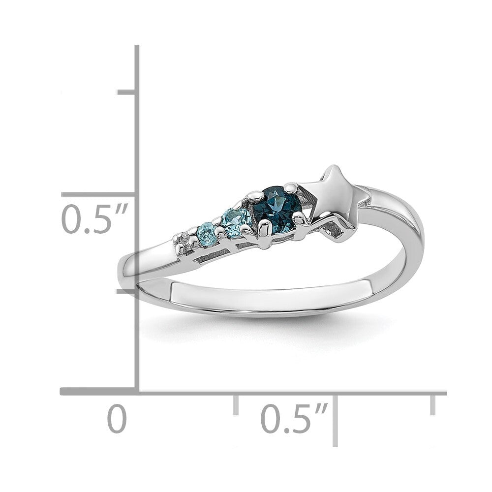 SS Rhodium London and Lt Swiss Blue Topaz and CZ Star Curve Ring Size 7