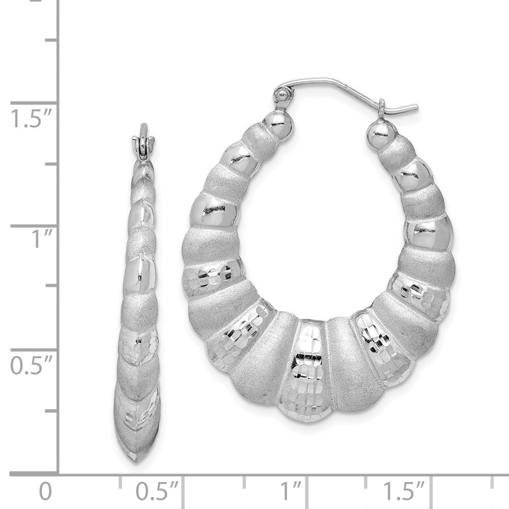 Sterling Silver Rhodium-plated Satin & Diamond-cut Shrimp Oval Hoop Earrings