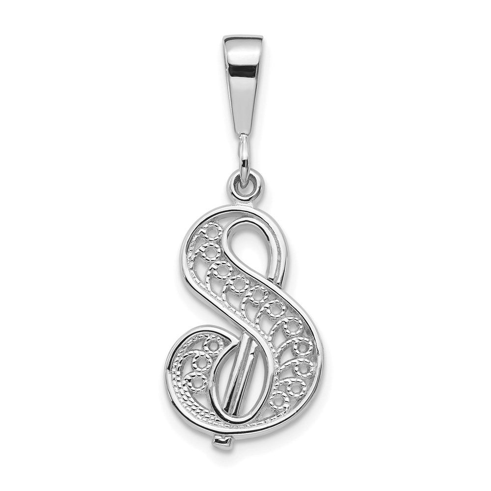 14k White Gold Solid Polished Script Filigree Letter S Initial Pendant