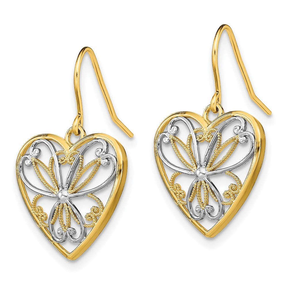 14k Yellow Gold w/Rhodium Polished Filigree Heart Shepherd Hook Earrings
