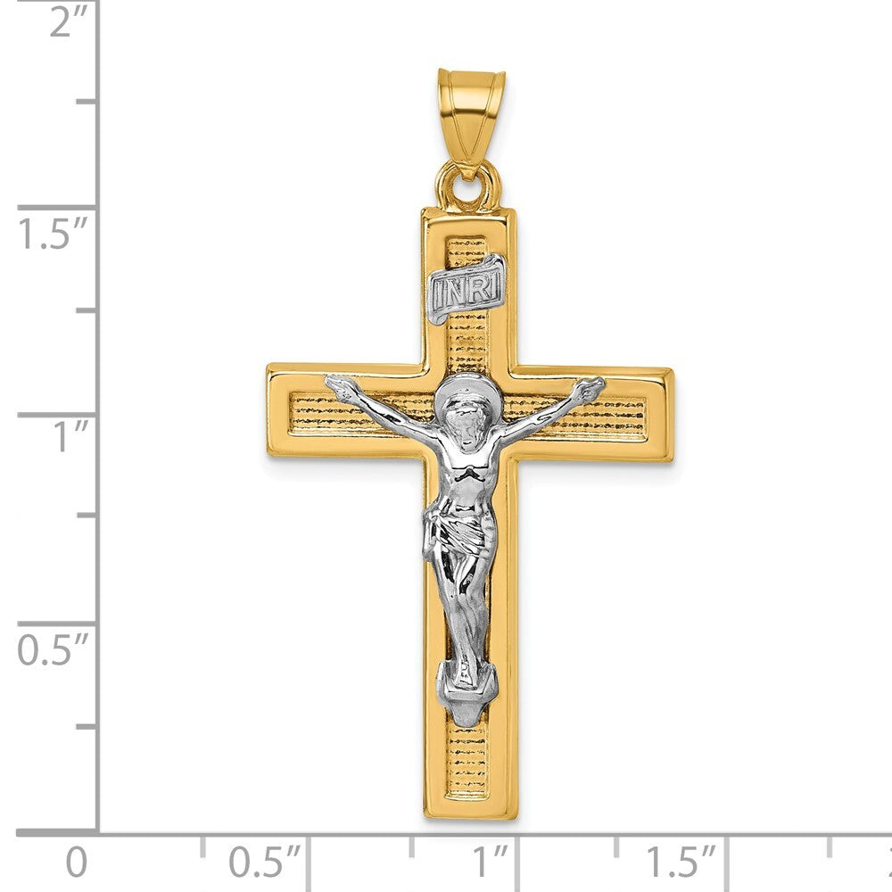 14k Yellow Gold with White Rhodium Polished INRI Crucifix Cross Pendant