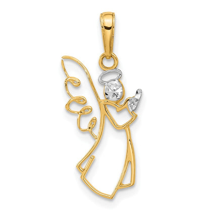 14k Yellow Gold with White Rhodium Diamond-cut Angel Pendant