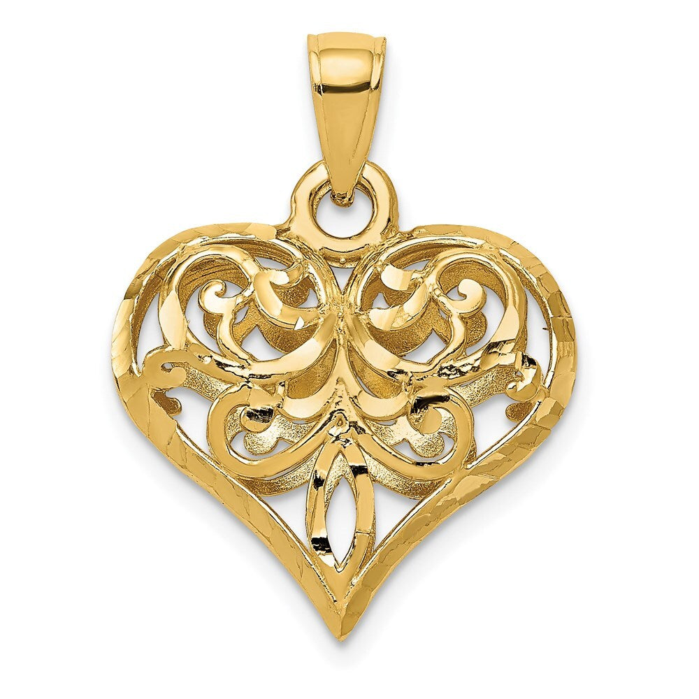 14k Yellow Gold Polished 3-D Filigree Puffed Heart Pendant for Women