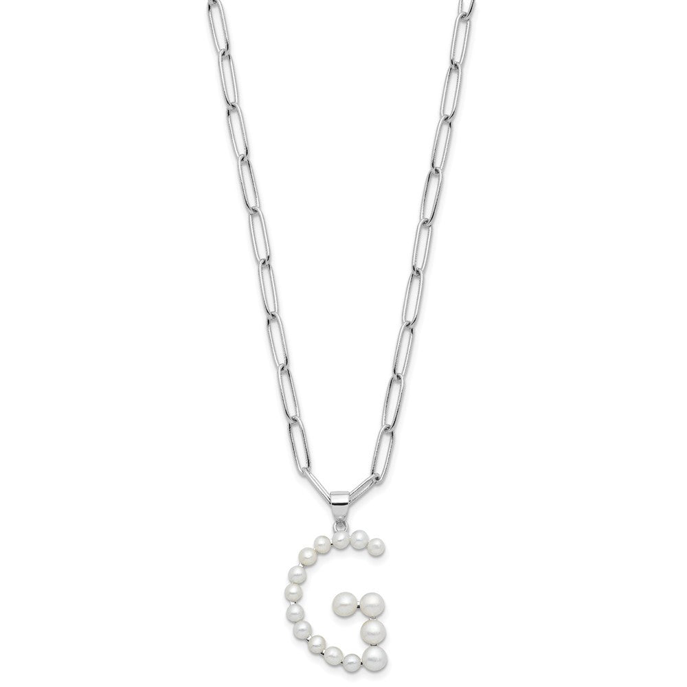 Sterling Silver 3-5.5mm White Button Cultured Pearl LETTER G Necklace 18"