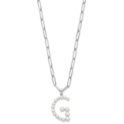Sterling Silver 3-5.5mm White Button Cultured Pearl LETTER G Necklace 18"