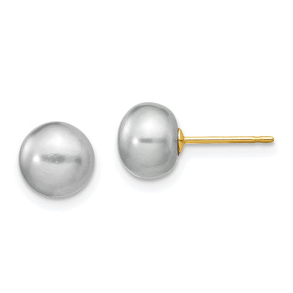 14k Yellow Gold 7-8mm Grey Button Freshwater Cultured Pearl Stud Earrings