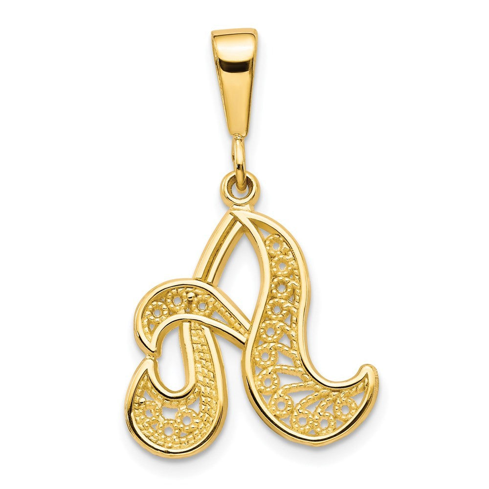 14k Yellow Gold Polished Script Filigree Letter A Initial Pendant