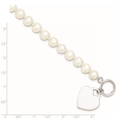 Sterling Silver 8-9mm White Near-Round Cultured Pearl Heart Toggle 7.5" Bracelet