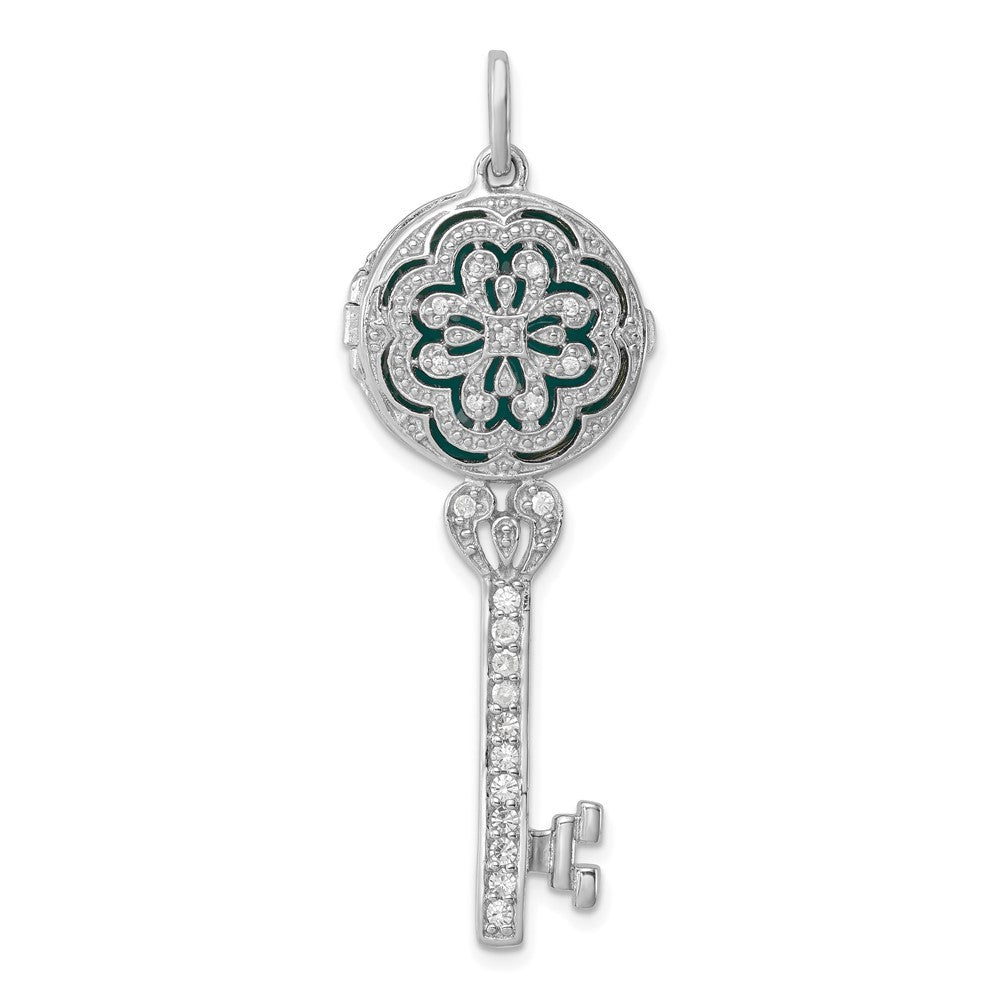 Sterling Silver Cubic Zirconia Filigree Enameled Top Key Locket Pendant