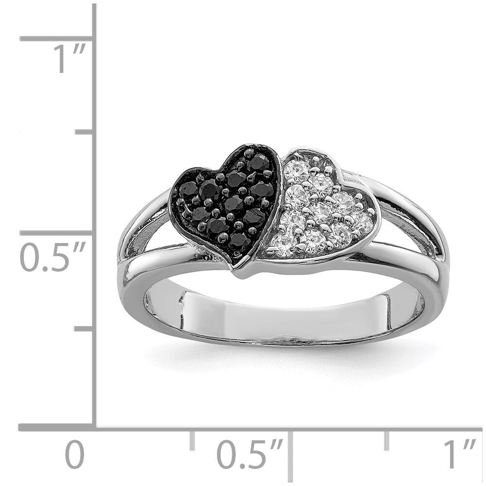 Sterling Silver Rhodium Clear & Black Cubic Zirconia Hearts Ring Size 7