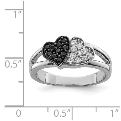 Sterling Silver Rhodium Clear & Black Cubic Zirconia Hearts Ring Size 7